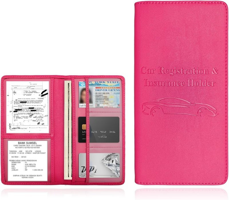 Wevdn Car Registration and Insurance Holder, PU Leather Vehicle Glove Box Organizer with Magnetic Shut, Wallet Case for Insurance Card Driver License Document, Car Accessories (Rose Red, Matte) - Image 1